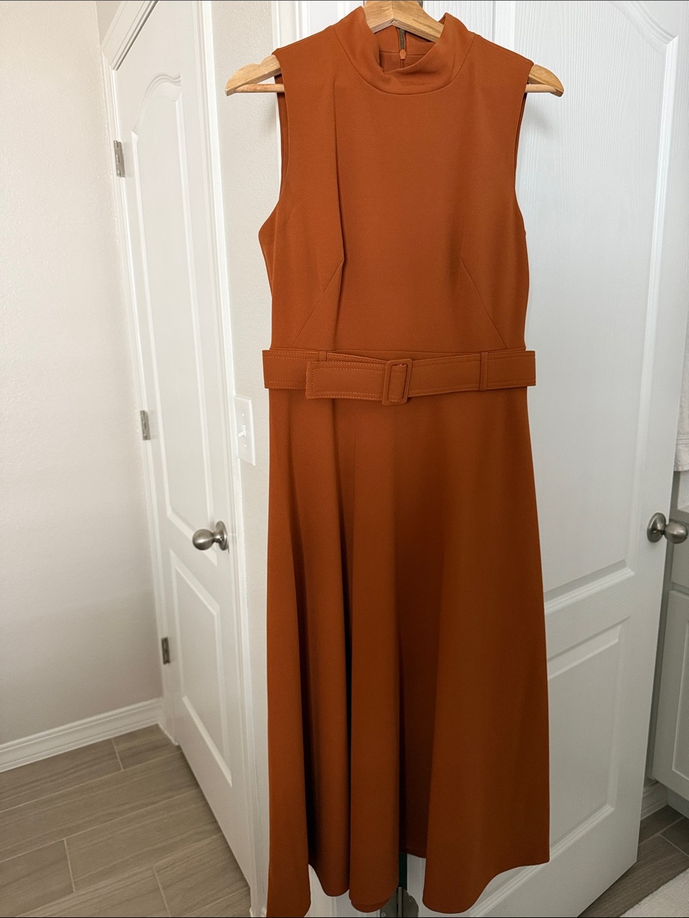 Calvin Klein Sleeveless Mock-Neck Midi Dress in Rust Orange
